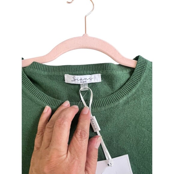 Sioni Milano Women's Green Crew Sweater Sheer Sleeves Flower Embellished Size L - Picture 2 of 14